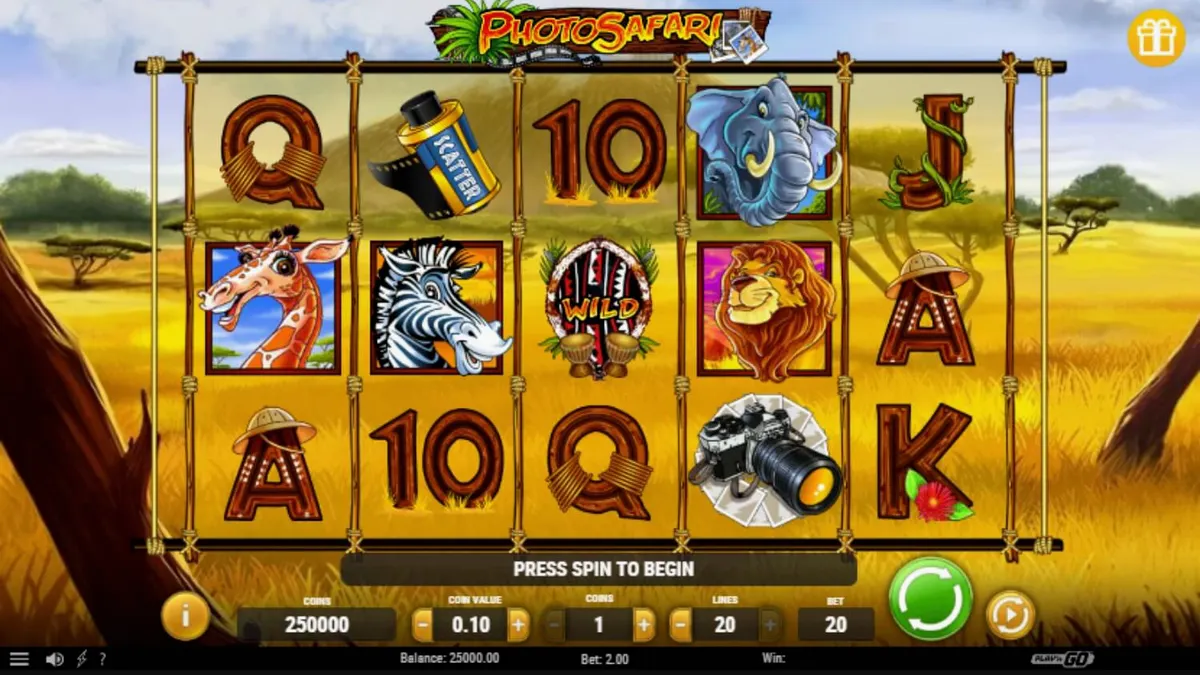 ภาพบรรยากาศเกมสล็อต Photo Safari ที่มีสัตว์ป่าและอุปกรณ์ถ่ายภาพ